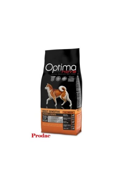 Optima Nova Adult Sensitive pienso para perros con salmón y patata, sin cereales, ideal para piel y estómago sensibles. 12 Kg